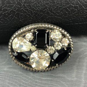 Macy’s Vintage (80’s) Black & White Rhinestone Silver Tone Brooch Quiet Luxury